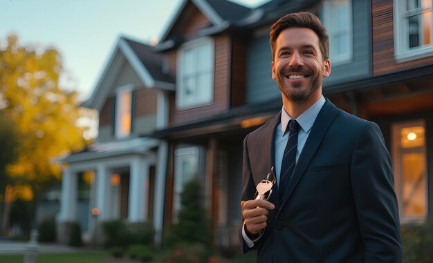 Photo a smiling salesman with a key in his hand and a house