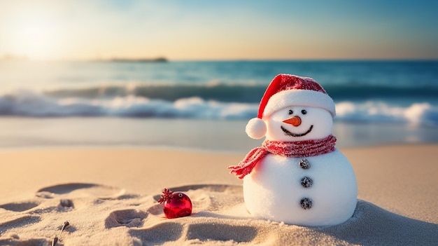 smiling sandy snowman in red santa hat on the sea beach
