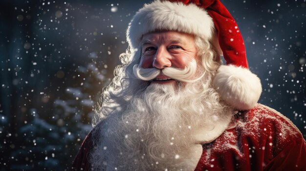 Улыбающийся Санта-Клаус в своем культовом красном костюме и белой бороде на заснеженном рождественском фоне.