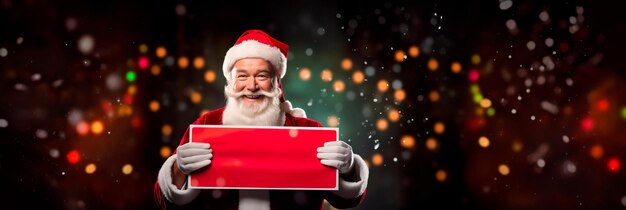 Photo smiling santa claus holding a white banner for you on the background