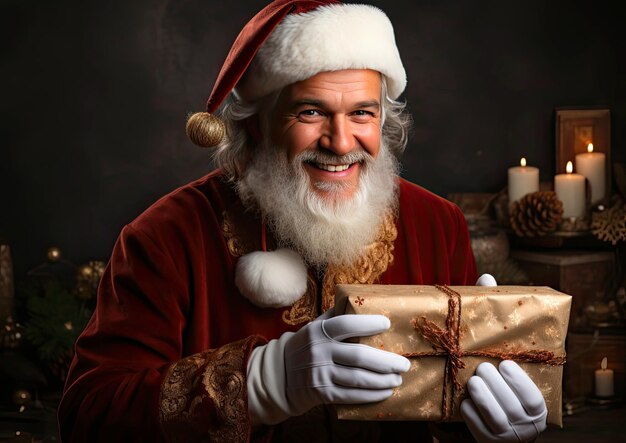 Smiling Santa holding a package with a Christmas gift