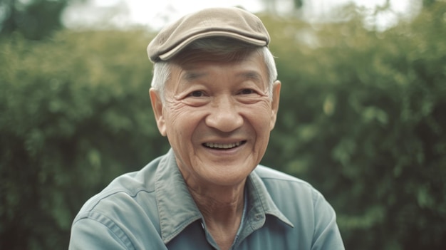 Foto sorridente uomo anziano scandinavo seduto in giardino guardando la telecamera sorridente generativo ai aig20