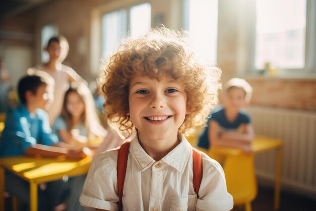 笑顔の学校の親友 小さな子供 陽気な内側の光 現代的な明るい学校のクラスコンセプト