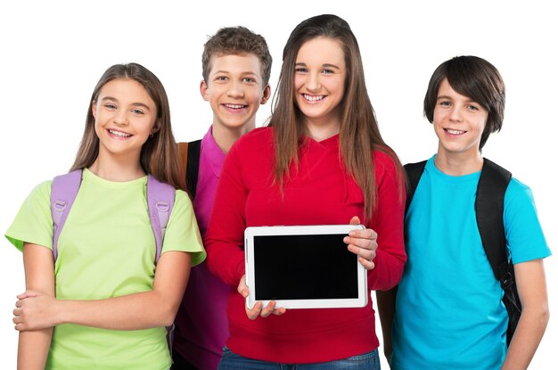 Smiling School Children with Backpacks and Tablet