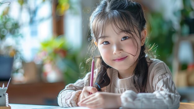 Smiling school Girl writing notes in class