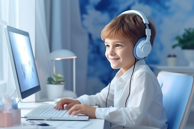 smiling schoolboy wearing headphones in a predominantly bluetoned room fully engaged in learning