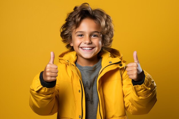 Smiling schoolboy wearing outwear show thumb up finger on yellow background back to school