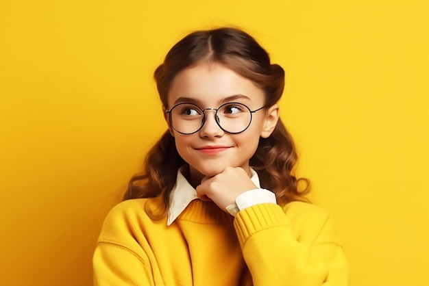 Smiling schoolgirl junior standing isolated on yellow background Education school concept