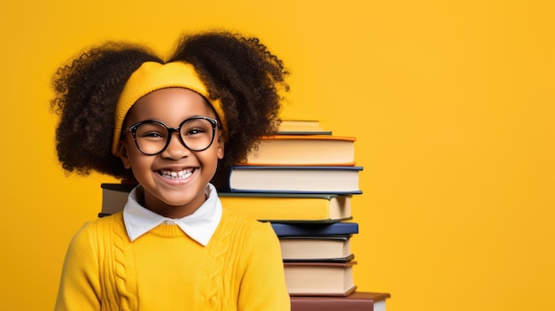Smiling schoolgirl stands with books on a yellow background Created with Generative AI technology