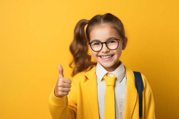 Smiling schoolgirl wearing school uniform show thumb up finger on yellow background back to school