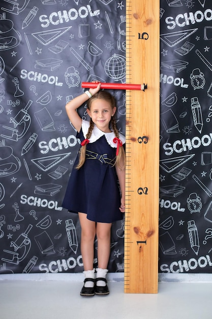 Smiling Schoolgirl with pigtails holding pencil with blackboard with ruler in classrom on school