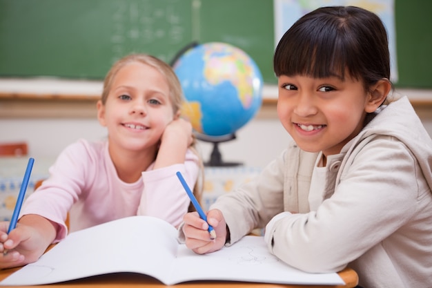 Smiling schoolgirls doing classwork