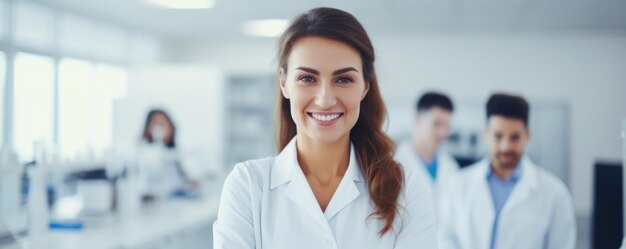 Foto scienziato sorridente in un laboratorio moderno con la sua squadra