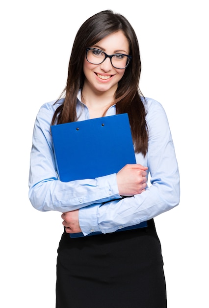 Photo smiling secretary isolated on white