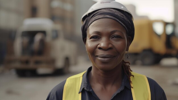 Улыбающаяся старшая африканская женщина-строитель, стоящая на строительной площадке