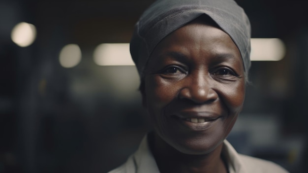 A smiling senior African female electronic factory worker standing in factory