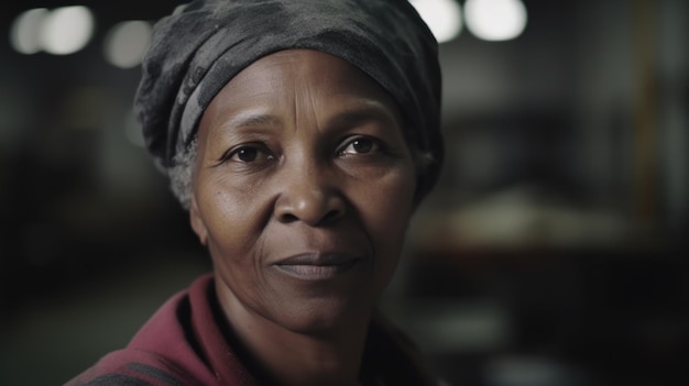 A smiling senior African female factory worker standing in metal sheet factory