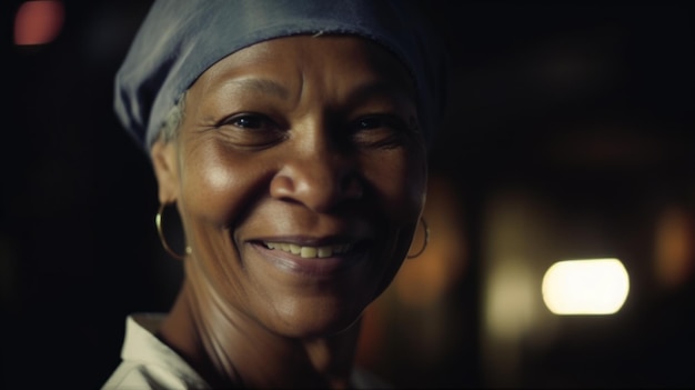 A smiling senior African female factory worker standing in oil refinery plant