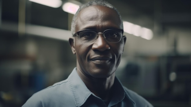 A smiling senior African male electronic factory worker standing in factory