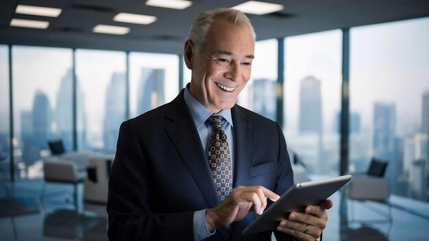 Улыбающийся старший бизнесмен с помощью цифрового планшета