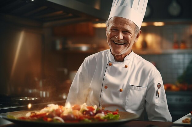 Smiling senior chef cooking a delicious meal Generative ai