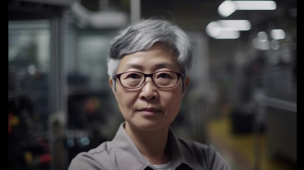공장에 서 있는 웃는 고위 중국 여성 전자 공장 노동자