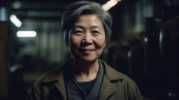 금속판 공장에 서서 웃고 있는 중국 고위 여성 공장 노동자