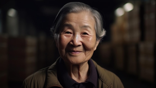 Photo a smiling senior chinese female factory worker standing in warehouse