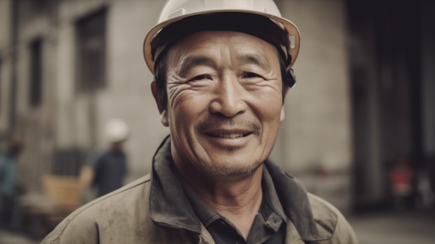 A smiling senior Chinese male construction worker standing in construction site