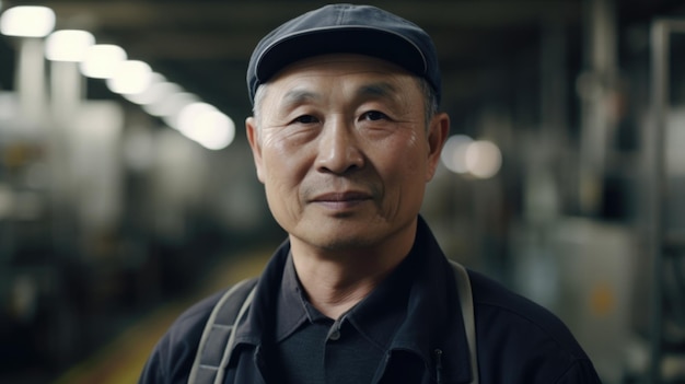 공장에 서 있는 웃는 고위 중국 남성 전자 공장 노동자