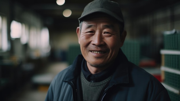 A smiling senior Chinese male factory worker standing in metal sheet factory