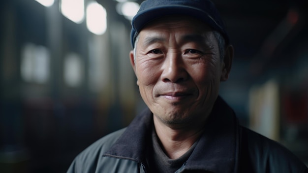 A smiling senior Chinese male factory worker standing in metal sheet factory