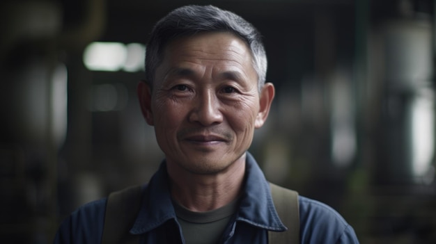 정유 공장에 서 있는 웃는 고위 중국 남성 공장 노동자