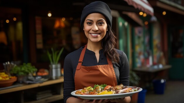 Photo smiling senior cook pointing finger into blackboard cafe template for text