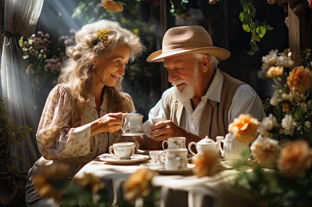 Foto una coppia di anziani sorridenti fa colazione al mattino.