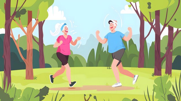 Photo smiling senior couple jogging together in a park