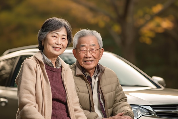 笑顔のシニアカップルと彼らの車