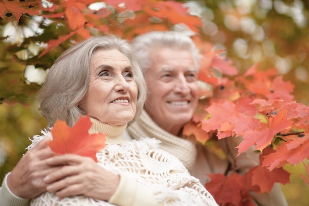 Smiling senior couple with leaf in autumn park