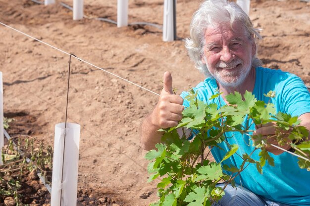 Smiling senior farmer checking the growth of his new vineyard active caucasian elderly man with white hair and beard looking at camera with thumb up