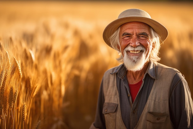 Smiling senior farmer in golden wheat field