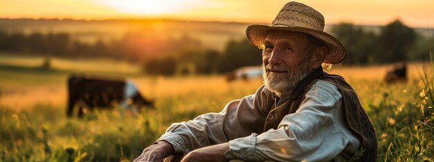 Photo smiling senior farmer in hat sitting on meadow and grazing cows