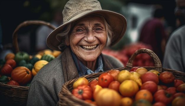 AI によって生成された新鮮な有機農産物を手に笑顔の先輩農家