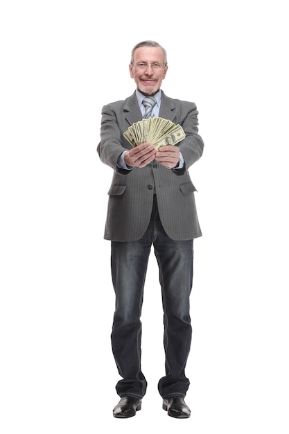 Smiling senior gentleman holding money isolated on white background