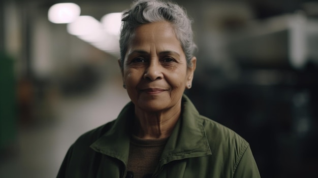 Улыбающаяся пожилая латиноамериканка, работница электронной фабрики, стоящая на фабрике