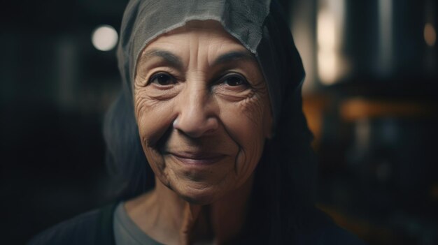 A smiling senior Hispanic female factory worker standing in oil refinery plant