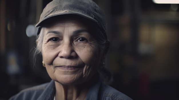 A smiling senior Hispanic female factory worker standing in oil refinery plant