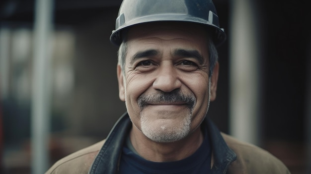 A smiling senior Hispanic male construction worker standing in construction site