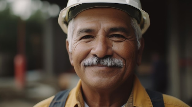 A smiling senior hispanic male construction worker standing in construction site