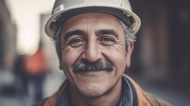 A smiling senior Hispanic male construction worker standing in construction site