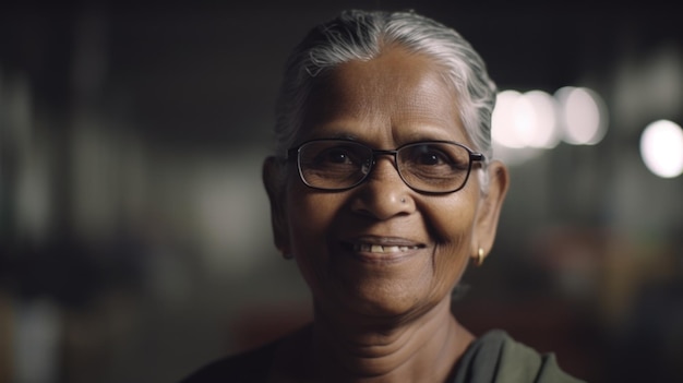 倉庫に立つ笑顔のシニアインド女性工場労働者